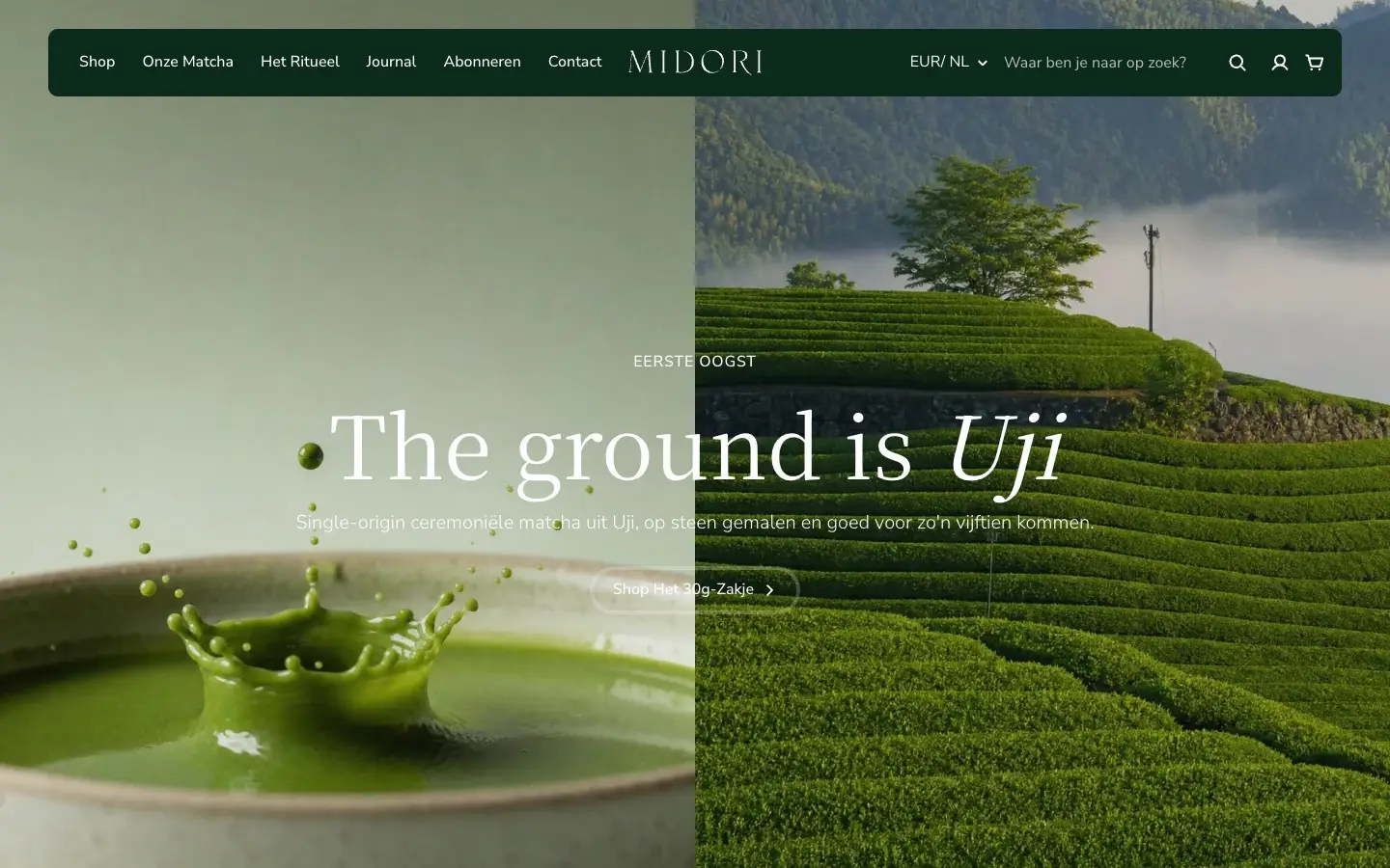 Schermopname die rustig door een pagina van midoricha.com scrolt