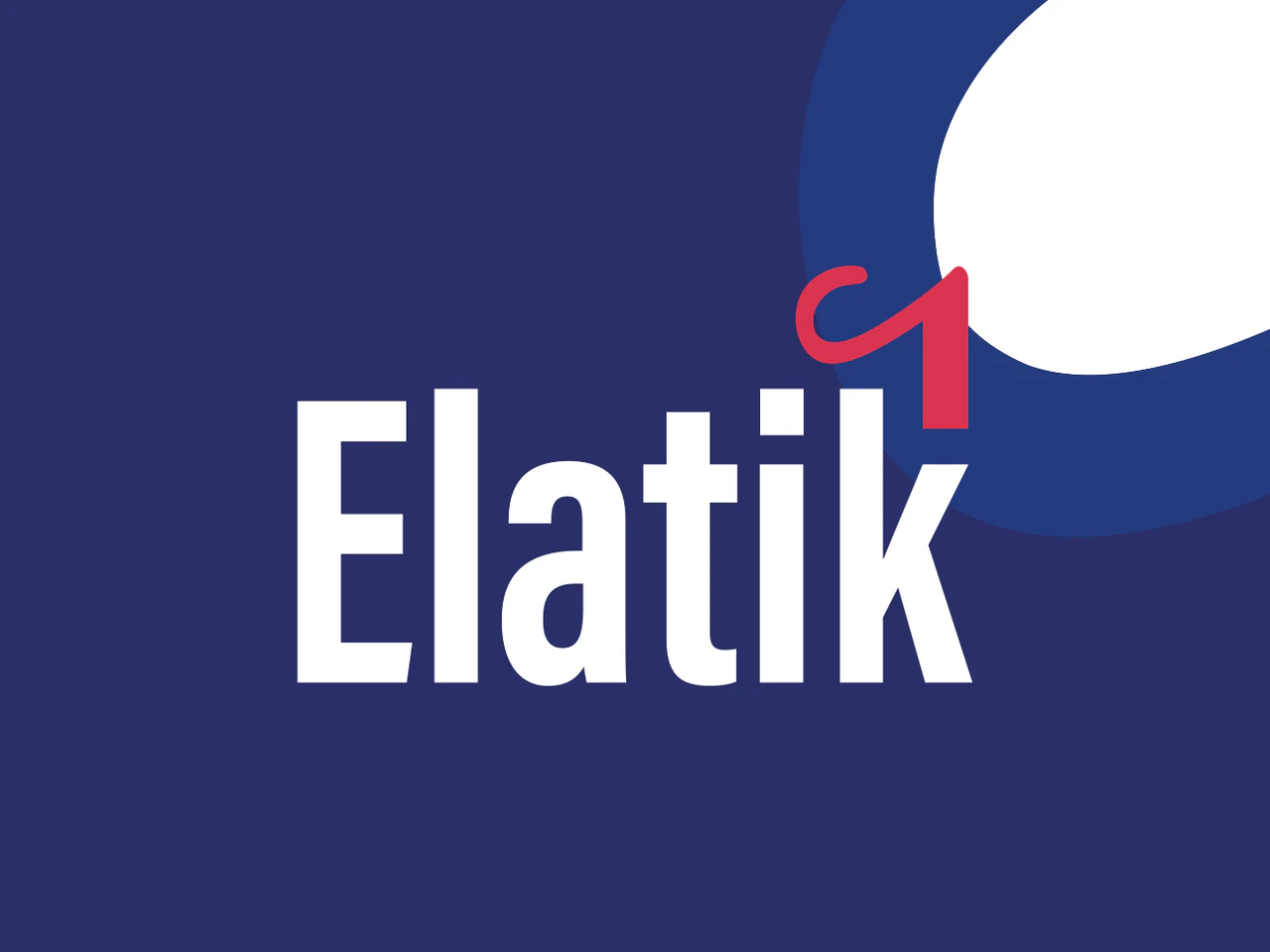 Achterkant van het visitekaartje: het witte woordmerk Elatik op donkerblauw met een grote blauwe krul