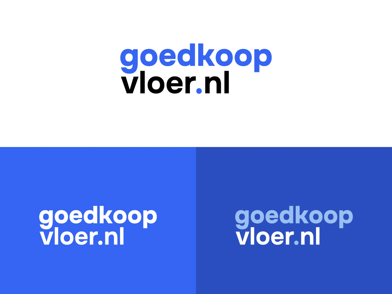 Logo van Goedkoopvloer: goedkoop in blauw boven vloer.nl in zwart, en daaronder in wit op helder en donker blauw