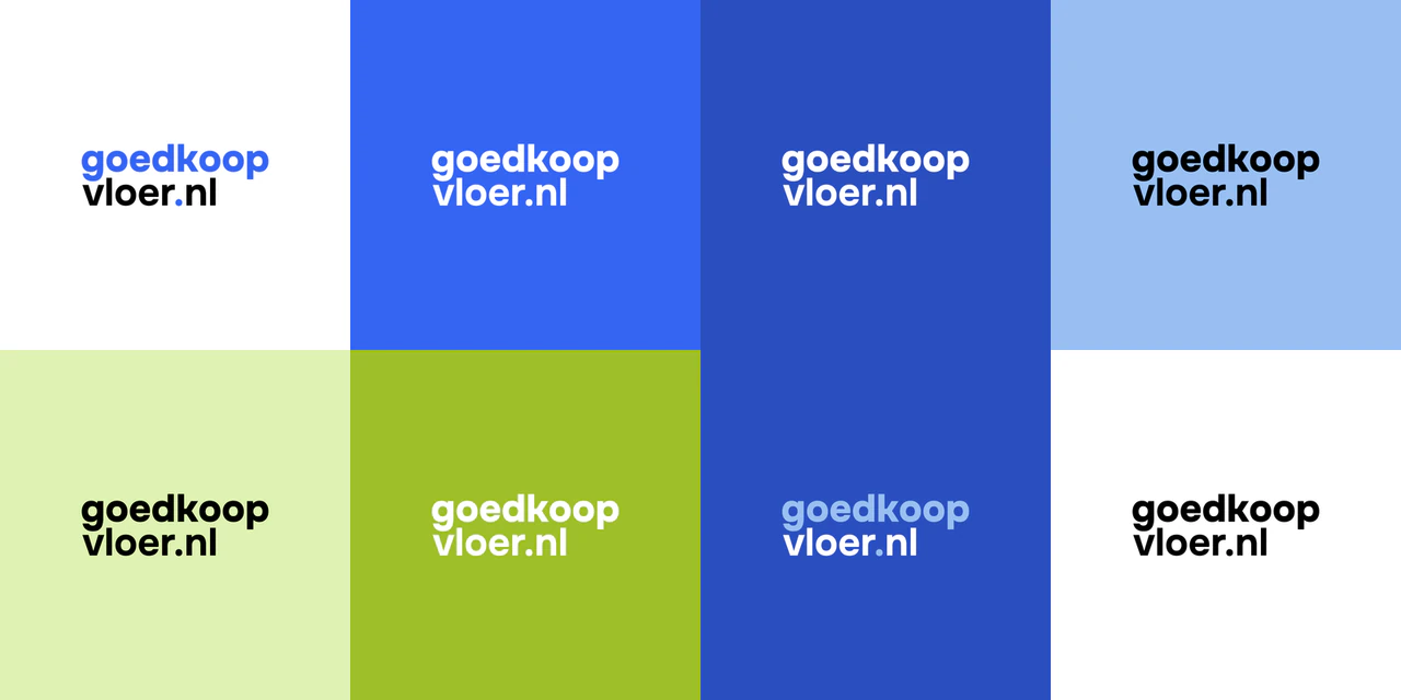 Acht kleurvarianten van het logo op wit, blauw, donkerblauw, lichtblauw, lichtgroen en groen