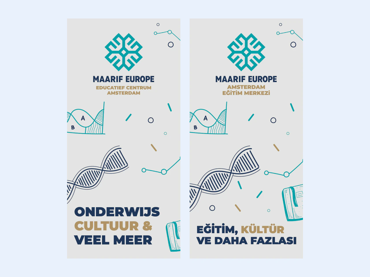 Voorkant van de folder in het Nederlands en in het Turks naast elkaar, met het logo van Maarif Europe en lijnillustraties