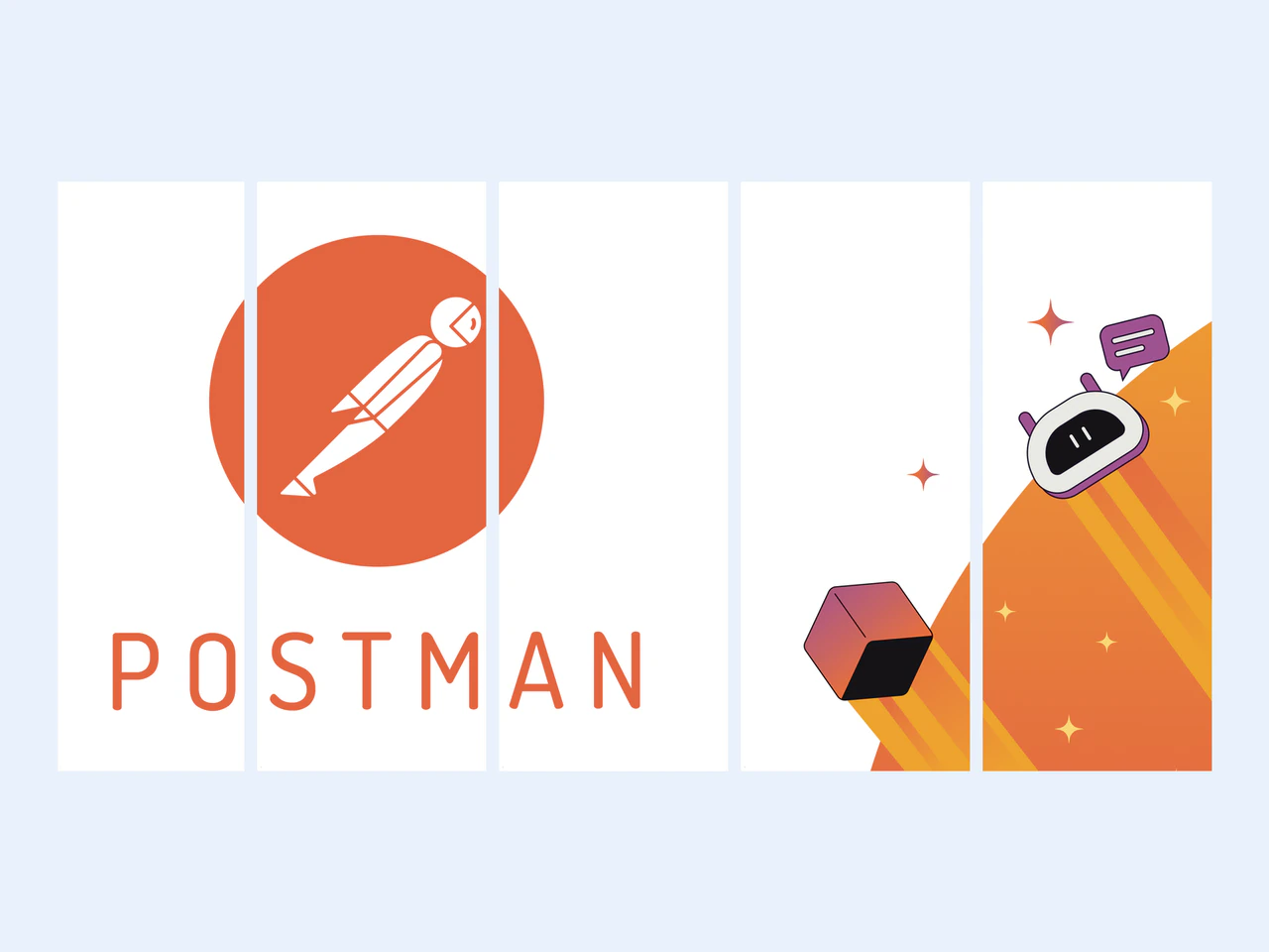 Vijf ruiten naast elkaar met het logo van Postman, een kubus en een robot op een oranje vlak