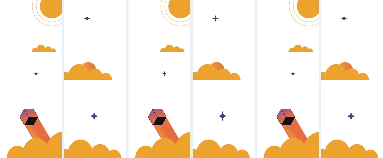 Zes wandpanelen naast elkaar met een zon, wolken, sterren en een opstijgend blokje