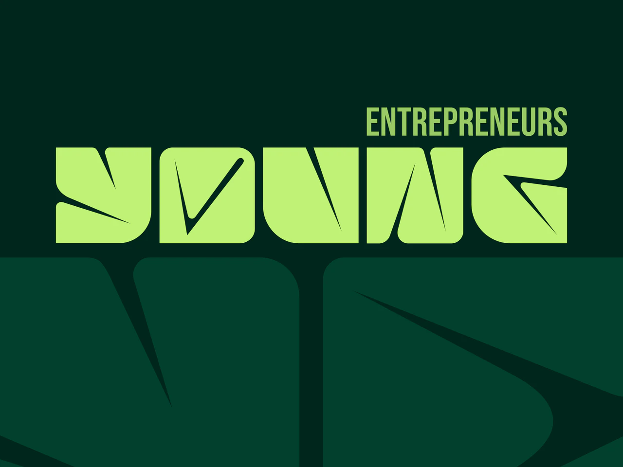 Woordmerk YOUNG met ENTREPRENEURS erboven in limoengroen op donkergroen, met de vormen van het YE-monogram eronder